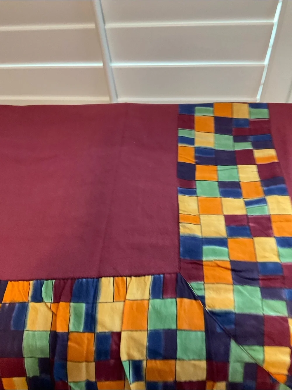 Handmade Patchwork Table Cloth- Burgundy with Multicolor Squares